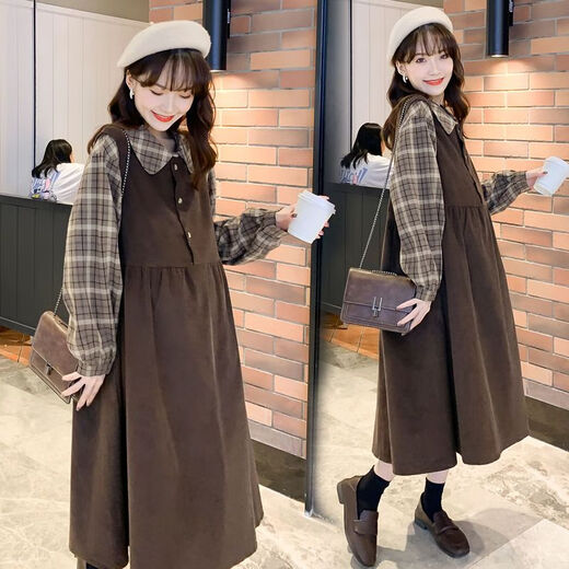 Maternity dress spring and autumn new plaid slimming fake two-piece dress loose maternity autumn skirt brown fake two-piece dress L (recommended 115-130 Jin Jin equals 0.5 kg)