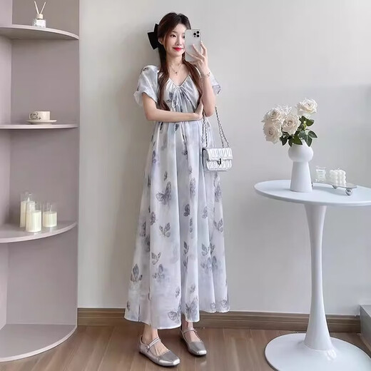 Vestido de maternidad Xinnan NUEVO 2025 Vestido de verano Romantic Casual en V de encaje en V Skirt Long Maternity Skirt Blue Butterfly Falda l Tamaño 100-120Jin [Jin equivale a 0.5 kg]