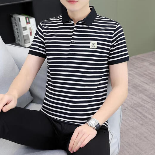森马（Semir）商场同款男装夏季条纹男士短袖体恤纯棉休闲百搭polo衫男装中年带 黑白QY753 3XL [建议160-180斤]