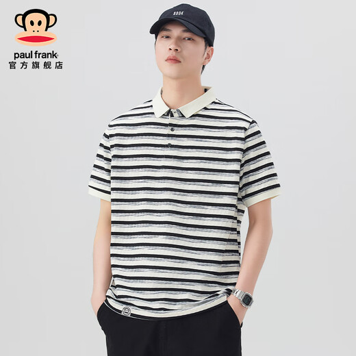 大嘴猴（paul frank）美式潮牌条纹翻领短袖POLO衫男夏季薄款宽松休闲百搭男装打底体恤 黑蓝色693D【官方正品】 L 【建议120-135斤】