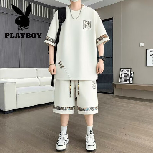 花花公子（PLAYBOY）2025夏季新款短袖青年潮流大码休闲运动套装男士时尚百搭两件套潮 【夏季套装】6195绿色 M 90-110斤
