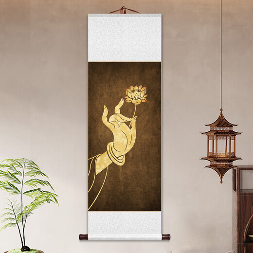 Chengliu Zen Weltraum Scroll Hängende Malerei Buddha Hand Lotus Dekoration Malerei Buddhist Ancient Style Malerei Yoga Hall Wandtee Kunst Veranda Malchmale 12119 Stil: Lotus Gesamtgröße: 30*110 cm silbergrau Brokat Seide