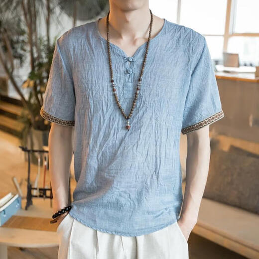 Zoscheter Chinesischer Stil Herren im chinesischen Stil von Herren T-Shirt Herren Kurzärärmelte lose, große, dünne, lässige Schnalle Retro-Baumwollwäsche auf 686 Sky Blue L 115jin [Jin ist 0,5 kg]