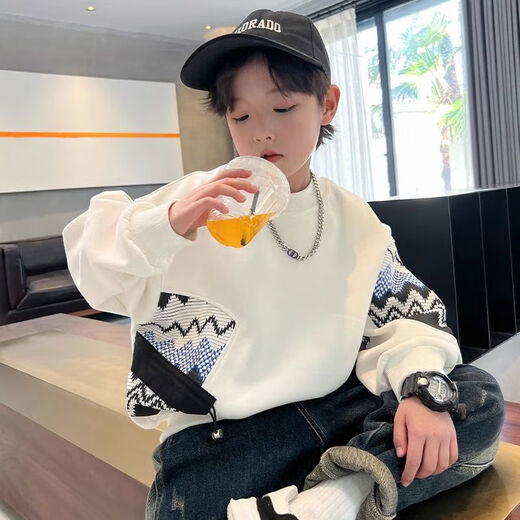 Boys' Autumn Trendy Brand Sweaters 2024 New Children's Spring and Autumn Tops Medium and Large Children's Autumn Bottoming Shirts Fashionable White 120 120cm