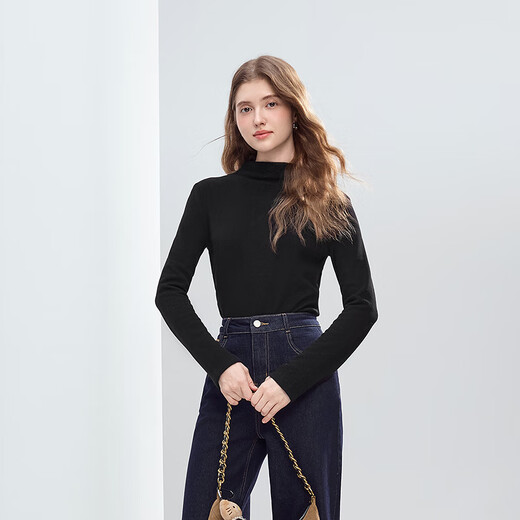 Betu women's 2025 winter new T-shirt elastic comfortable long-sleeved tops bottoming shirt simple inner wear for women 2510T96 black L