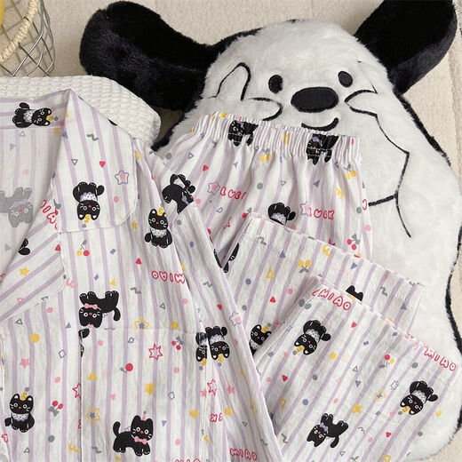 S.SOFEA睡衣女春秋季甜美卡通云朵棉家居服 826#紫条黑猫 170 M
