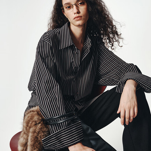 IN YASAKO metropolitan yarn-dyed striped large-size drawstring jacket-like shirt New York black and gray stripes (pre-10.12-10.19) S