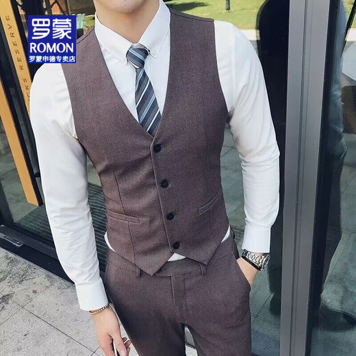 罗蒙（ROMON）西装马甲坎肩韩版修身西服马甲套装背心伴郎团兄弟装男式西服马夹 1908黑色《马甲＋西裤》领带 XL 126-135斤