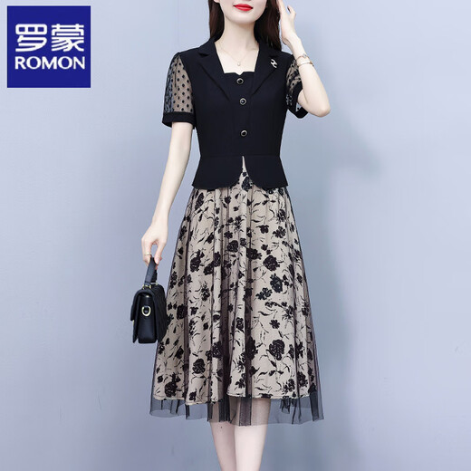 ROMON vestido de verano para mujer rica de mediana edad, nuevo estilo de verano para mujer, traje falso de dos piezas de malla con temperamento a la moda, negro - 7371 L (110Jin Jin equivale a menos de 0,5 kg)