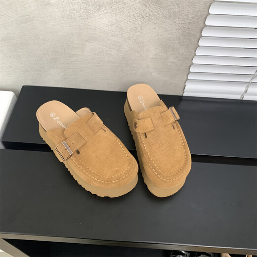 S.Sofea Birkenstock-Schuhe für Frauen im Frühjahr und im Sommer erhöhten Kork-Sohle Mules Retro-Stil 677-2 Aprikosenkamelfarbe 37