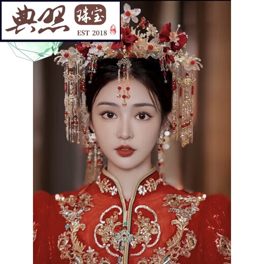 Typical photo of Fengguan Xiamei headdress Xiuhe suit Chinese style bride 2025 new red bow glazed hair crown ancient style wedding A main crown + back area + earrings gift box