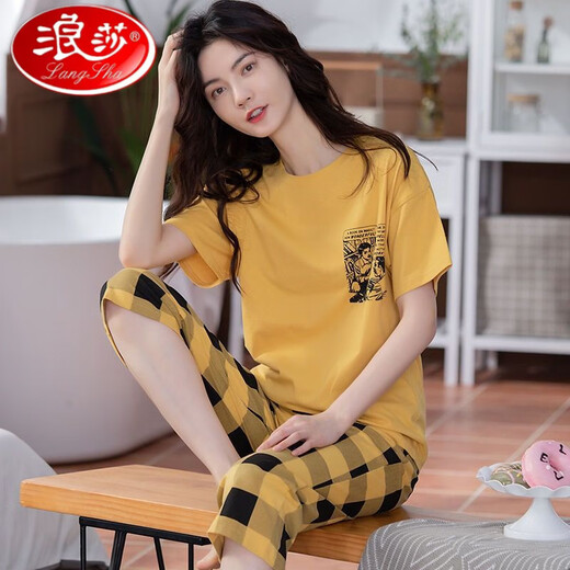 浪莎（LangSha）汕头品牌睡衣女士夏纯棉短袖七分裤可外穿甜美休闲家居服套装 9892 M 【建议75-90斤穿】