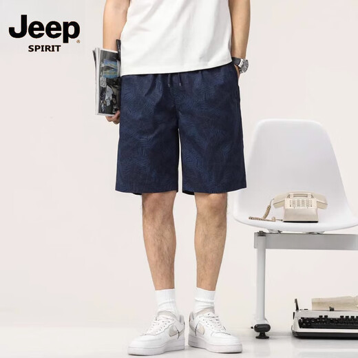 JEEP SPIRIT men's shorts summer thin loose cotton printed beach casual five-point medium pants men 9215 navy blue L [111-125Jin[Jin equals 0.5 kg]]