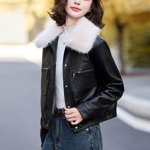 Playboy (PLAYBOY) brand Haining detachable fur collar leather jacket for women 2025 autumn and winter new velvet thickened leather jacket motorcycle wear fur detachable fur collar brown XL size recommended 105-120 Jin Jin equals 0.5 kg