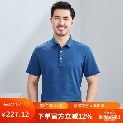 Hongdu short-sleeved T-shirt men's middle-aged business casual thin lapel loose blue work gentleman's half-sleeved T-shirt blue TH6223-1 XL 180/96A