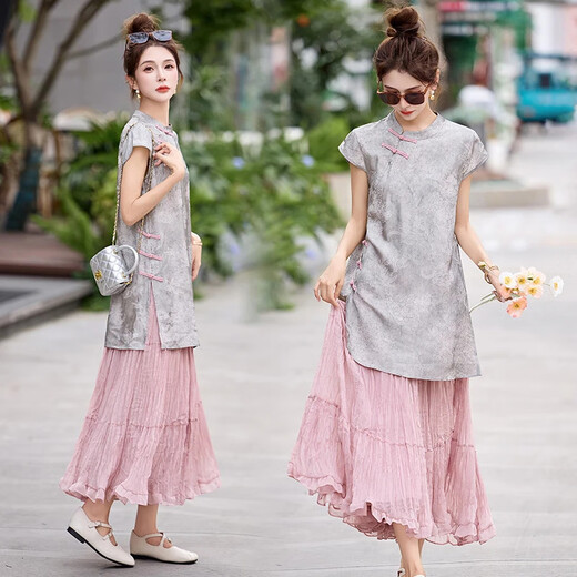 
YINGDI new Chinese style light Chinese style outfit 2025 super hot design Chinese style short-sleeved top skirt two-piece set 9905 gray top [single piece] 2XL