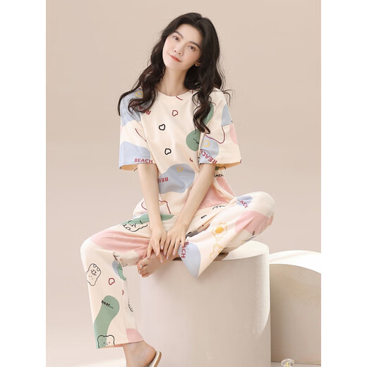雅鹿2025年新款睡衣女款夏款纯棉短袖长裤春秋夏季夏天薄款家居服套装 ZH-9720 M
