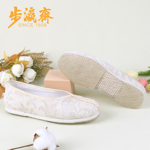 步瀛斋新款老北京布鞋女休闲鞋千层底古风汉服鞋子新中式提花单鞋 白色 35