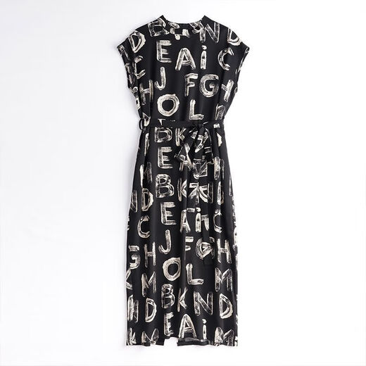 
TONSON BEAUTY [Selected Silk] New summer high-end fashion letter printed short-sleeved dress waist-hugging temperament slimming skirt Black-JC-719 M 90-105Jin [Jin equals 0.5 kg]