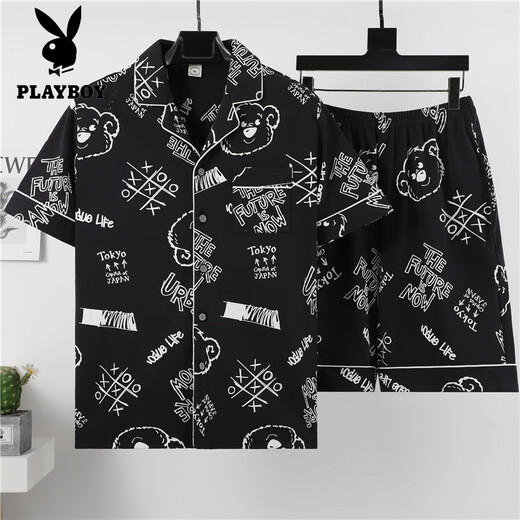 花花公子（PLAYBOY）纯棉男夏季薄款学生卡通大码宽松短袖外穿男士家居服休闲套装 3271短袖套装 M (70-100斤)