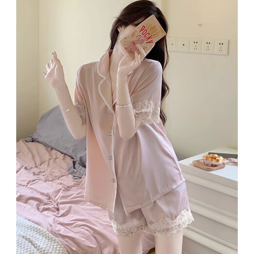 冉艺岚同款冰丝睡衣女夏季短袖薄款ins风高级感粉色花边外穿家居服夏天 #yx-9214 M 75-98斤