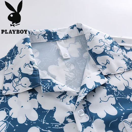 Playboy (Playboy) Hawaiian Flower Shirt Short Short Sum's Summer Ice Silk Fin Beach Couple Casual Shirt 6636 Taihu Green M