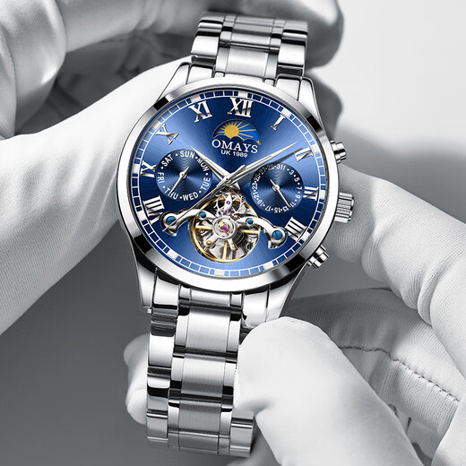 European and American watches men's mechanical watch Swiss certified fully automatic hollow flywheel men's watch waterproof luminous multi-function watch natural blue face - famous craftsman