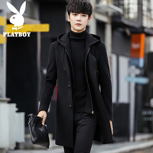 Playboy (PLAYBOY) windbreaker jacket men's winter mid-length new casual Korean style plus velvet warm coat men's versatile hooded woolen coat black black hat L