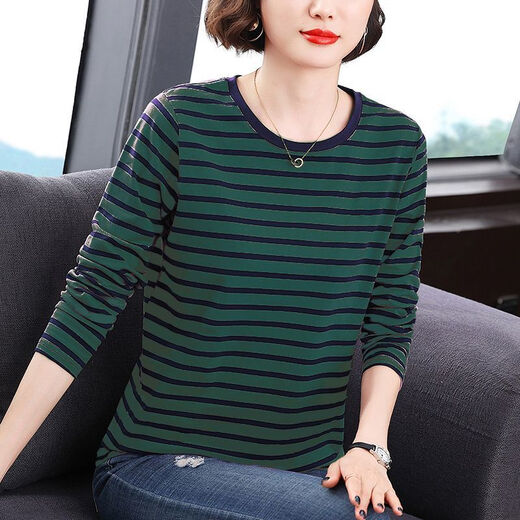 Opeodly mittlere Mutter 2025 Herbst neues Langarm Shirt Damen Striped Rund Neck Basis Hemd Locker großes oberes neues Produkt [833 Grün] M [90-105jin [Jin entspricht 0,5 kg]]