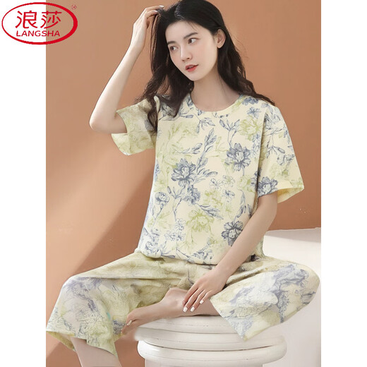 浪莎（LangSha）睡衣女夏季2025年新款短袖七分裤套装夏天女士中年妈妈宽松家居服 短袖七分裤-679 M 建议80-100斤