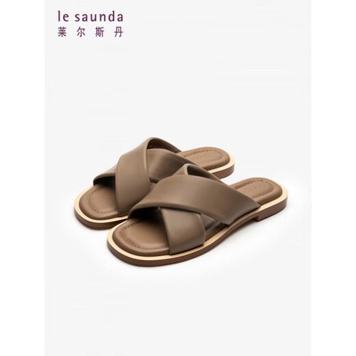 
Le saunda (le saunda) [soft bread] summer new genuine leather flat solid color sheepskin wears one-line sandals women's shoes 12801 3M black BKK 34