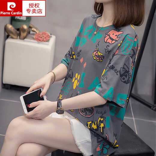 Pierre cardin (pierre cardin) larger size belly-covering slimming top for women 2025 summer new fat mm casual loose cotton short-sleeved T-shirt 6626 green M: about 80-95