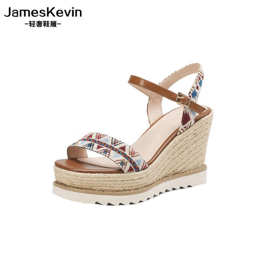 James Kevin brand retro straw wedge sandals for women summer bohemian ethnic style thick-soled high-heeled Roman shoes with one-piece buckle, apricot 36 230mm