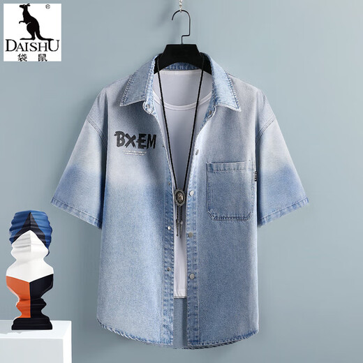 Kangaroo (Daishu) Sommer-Denim-Kurzärmel-Hemd für Männer lässig losen Verlaufsjacke dünne Fünf-Punkte-halbärmelige, vielseitige Hemd 10738-T698 Black L (ca. 110-130jin [Jin gleich 0,5 kg] kann getragen werden)