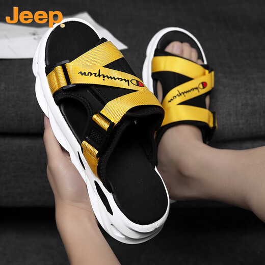 吉普（JEEP）男士拖鞋夏季外穿潮流防滑防臭厚底一字拖青少年户外运动沙滩凉鞋 黑色(主图款) 39 现货速发