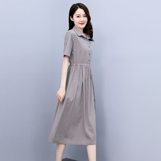 OLJ轻奢品牌亚麻衬衫裙连衣裙女2025年夏季新款收腰显瘦气质裙子 米灰色