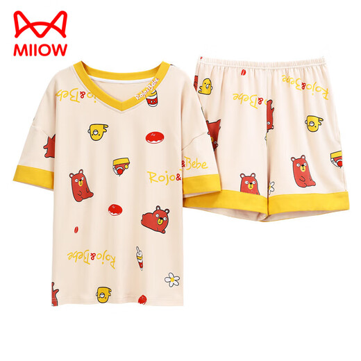 猫人（MiiOW）夏季女士睡衣纯棉家居服薄款韩版可爱公主风短袖两件套装春秋女 翠绿色 GXT6636图色 L (建议95-115斤)
