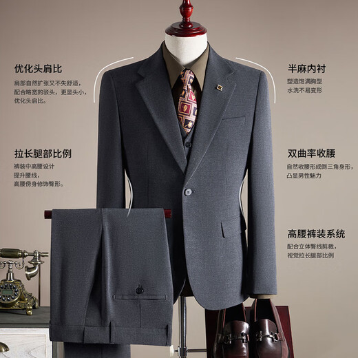 ROMON suit + vest + trousers suit suit men's business suit men's professional formal jacket black 4XL