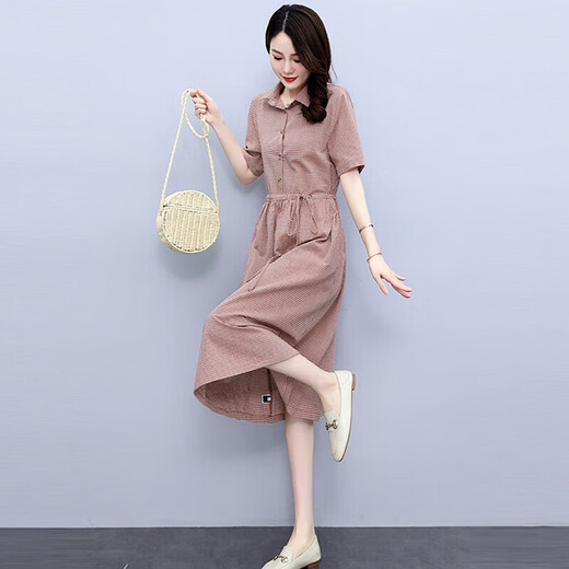 OLJ轻奢品牌亚麻衬衫裙连衣裙女2025年夏季新款收腰显瘦气质裙子 米灰色