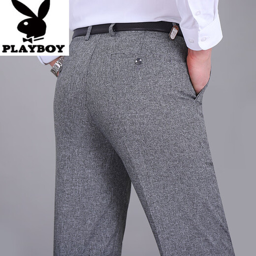 花花公子（PLAYBOY）高端夏季薄款双褶亚麻男士休闲裤父亲节礼物中老年高腰宽松长裤子 9930双褶黑色 32 2尺5腰围