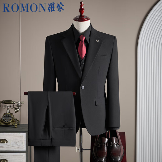ROMON suit + vest + trousers suit suit men's business suit men's professional formal jacket black 4XL