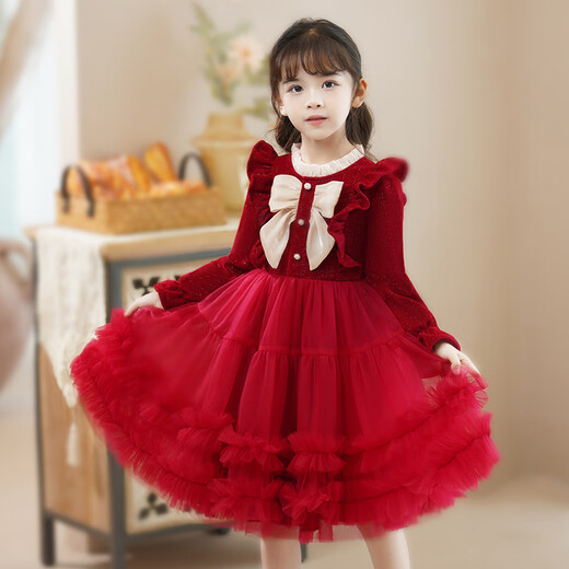 Piggy Banner (PEPCO) girls dress spring and autumn fashionable little girl autumn and winter dress children's dress princess dress autumn red 130