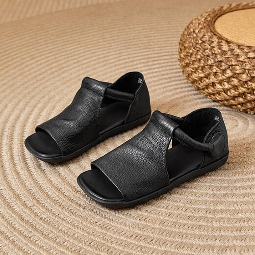 Echtes weiches Leder 2025 Sommer neuer Retro -Fischmund flacher Sohle vielseitiger Römische Sandalen weiche Sohle lässige und komfortable Sandalen für Frauen Khaki 37