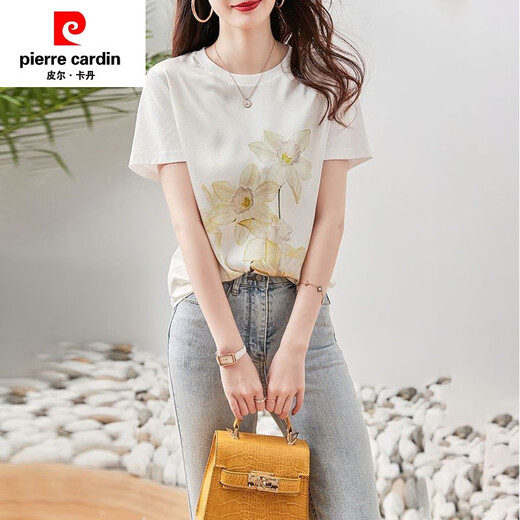 皮尔卡丹（PIERRE CARDIN）桑蚕丝100%剪标专柜欧货女装夏季印花桑蚕丝真丝短袖t恤女上衣 6167白色 S