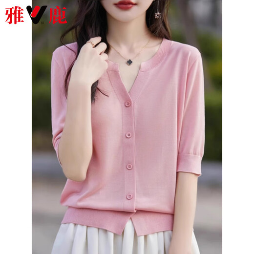 Yalu High-End Summer New Style Laised Tennis kurzärmeligter Pullover für Frauen dünne Fünf-Punkte-Hülle französische Strickjacke Marine Blue M 80-105