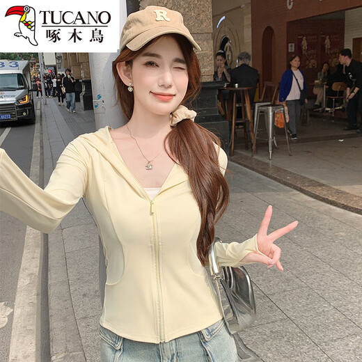 啄木鸟鹅黄色连帽防晒衣女夏季2025新款防晒服修身冰丝开衫外套 鹅黄色 S