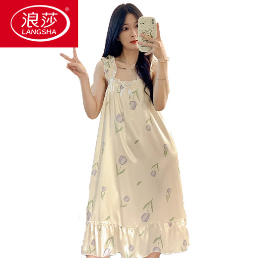 浪莎（LangSha）睡裙女夏季自带胸垫冰丝凉感吊带睡衣夏天女士甜美可爱家居服春秋 3887【不可拆胸垫】 M 【75-100斤】
