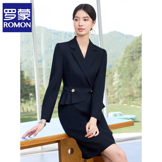 罗蒙（ROMON）新款藏青色高级感假两件连衣裙修身显瘦气质时尚职场工作服 藏青色 连衣裙 L