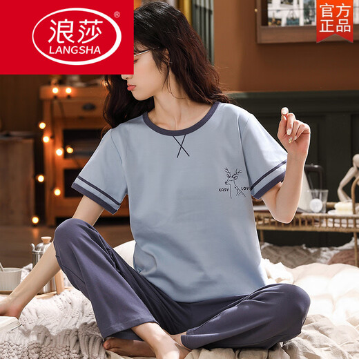 浪莎（LangSha）睡衣女夏季套头纯棉短袖长裤胖加肥加大码宽松200斤卡通家居服 3519白龙猫短-袖长-裤 M 标准女 80-100斤