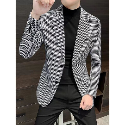 NJSkakw Suit Men de l'âge moyen et des jeunes combinaisons de jeunes hommes pour le printemps et l'automne Veste décontractée Slim Fit Plaid Single Mino 866 Houndstooth-Black and White Plaid 3XL 190 / 104A Recommandé 170-185jin [Jin est égal à 0,5 kg]